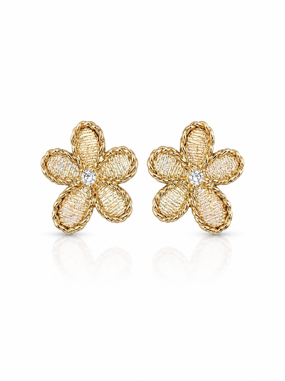 Italian Design 18K Gold Plated Flower Statement Earrings With Cubic Zirconia